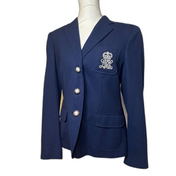 Lauren Ralph Lauren Navy Embroidered Crested Blazer Jacket Womens Designer - Picture 1 of 6